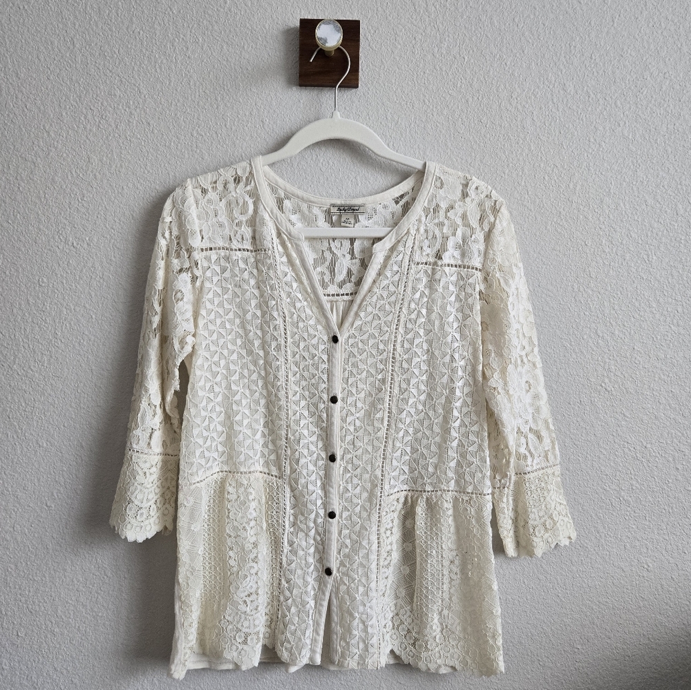 Lucky brand long lace sleeve lace front top